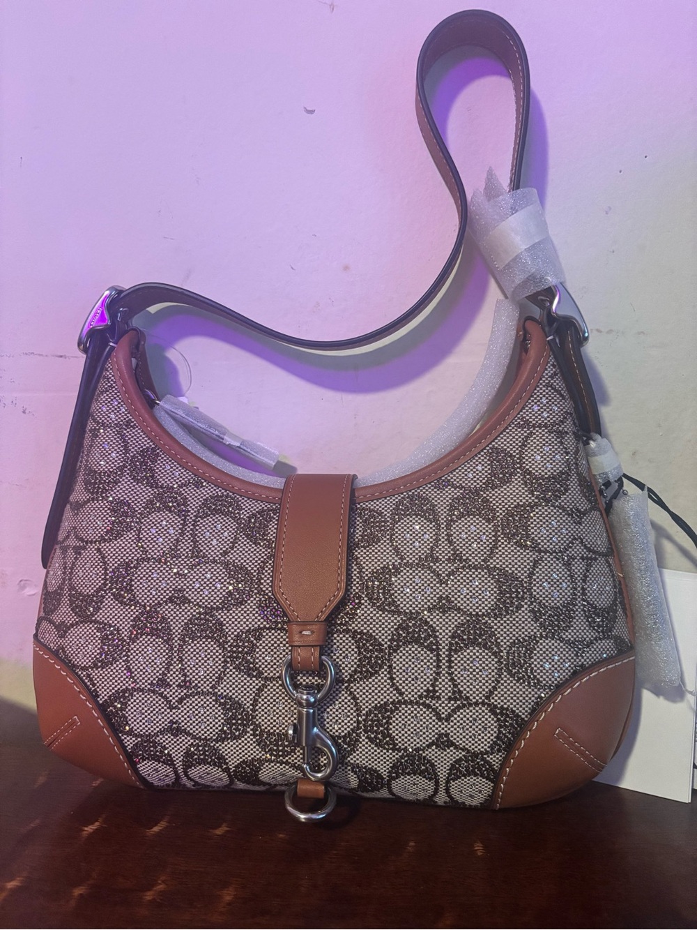 Coach Brown Signature Canvas Shoulder Bag with Tan Leather Trim